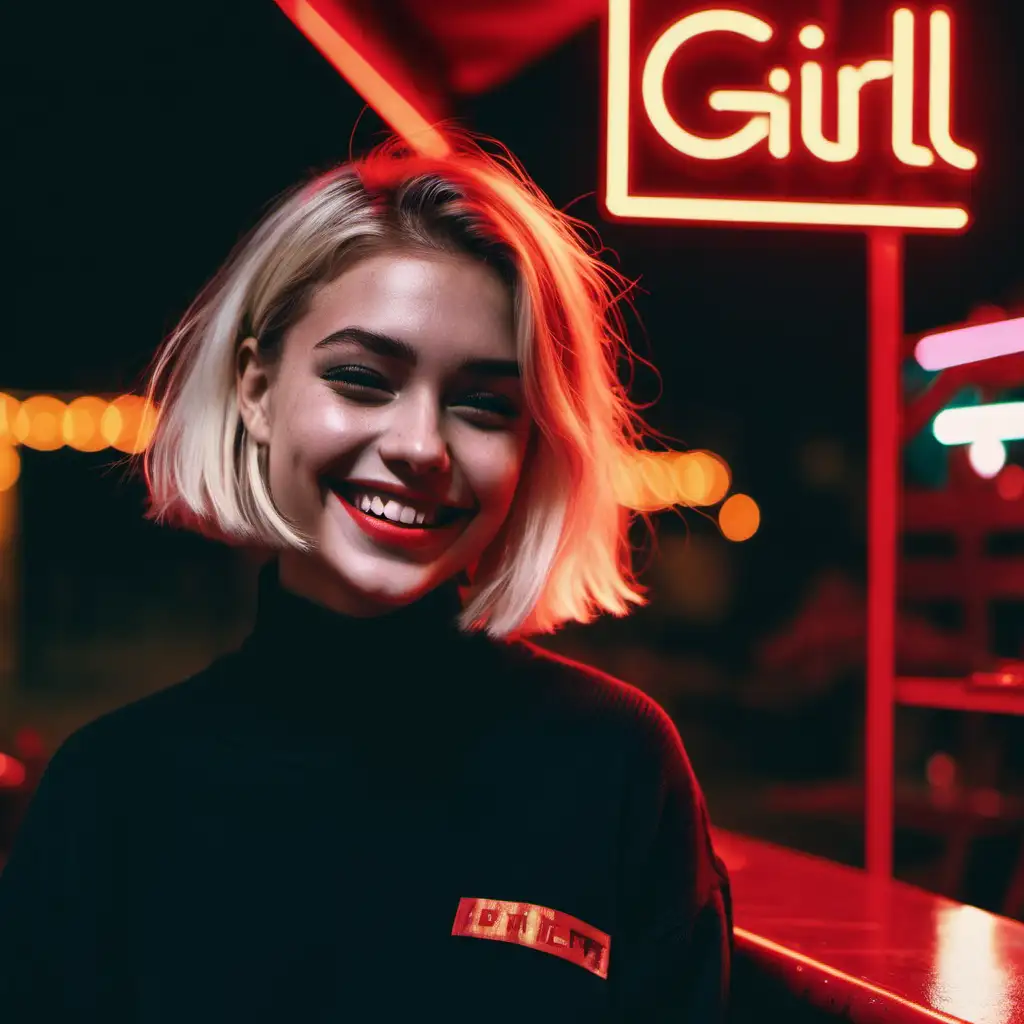 Blonde English Girl Laughing Under Red Neon Lights at Outdoor Bar