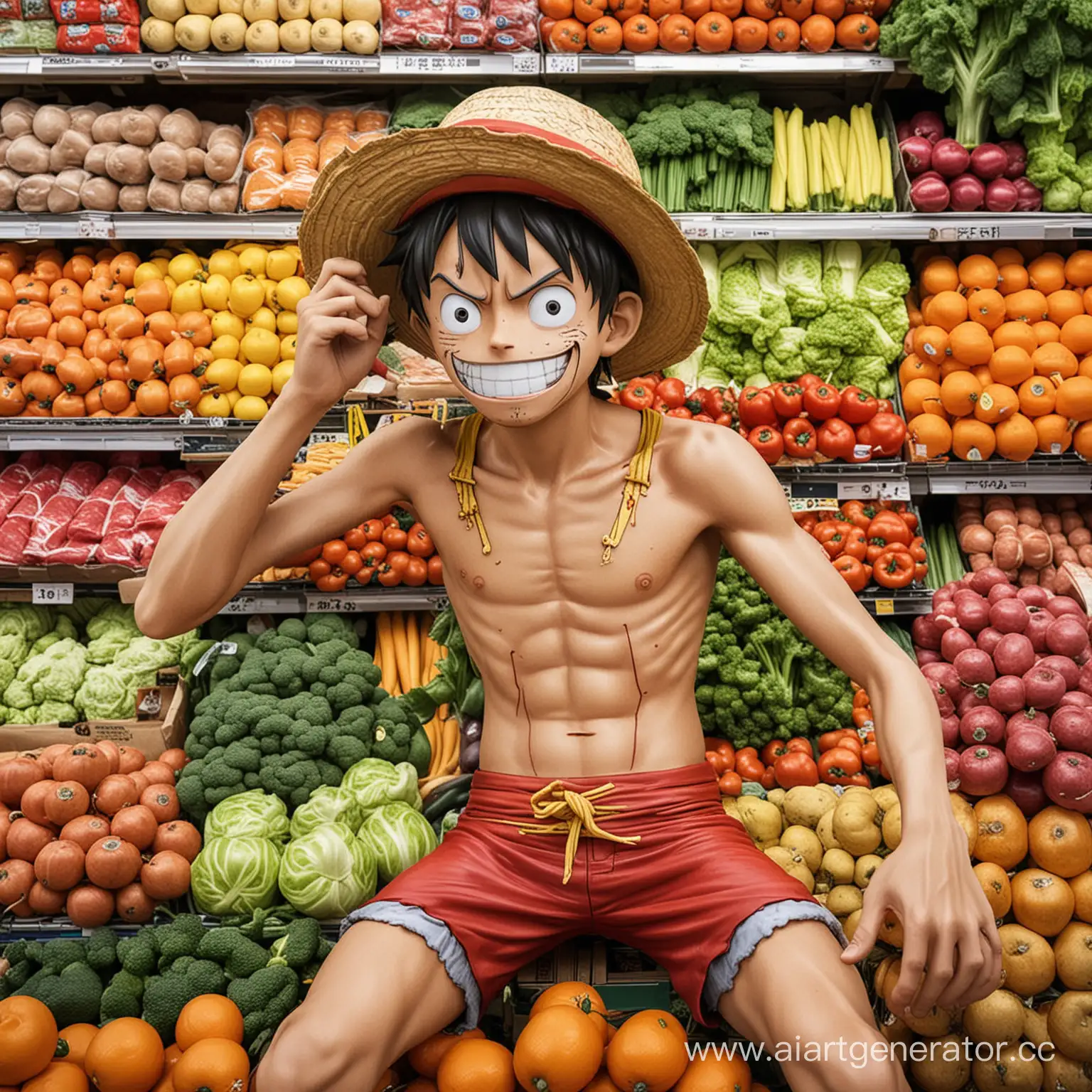 Монки Д Луффи, главной герой аниме Ван Пис, лежит в магазине на продуктах : овощи, полуфабрикаты, фрукты, мясо
