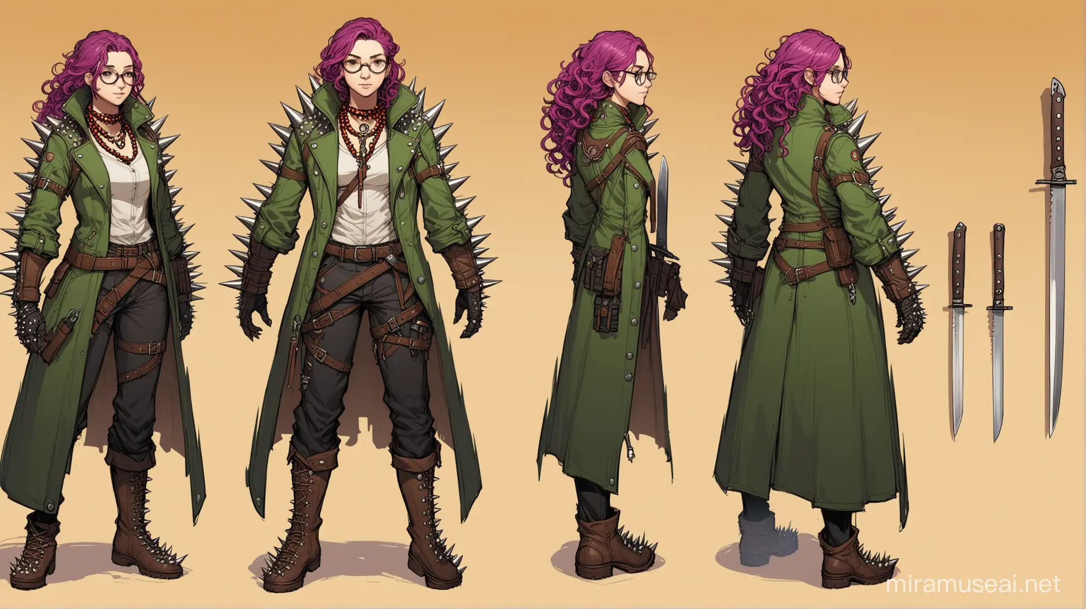 concept art of the character, jacket with spikes, jacket with straps on the arms, concept art, lots of detail, full-length character, amber background, wooden beads on the neck, red steam around the body, lilac curly hair, intricate details, boots with green soles, thick rings on the hands, round glasses, on the leg, sheath for three knives, Concept art.