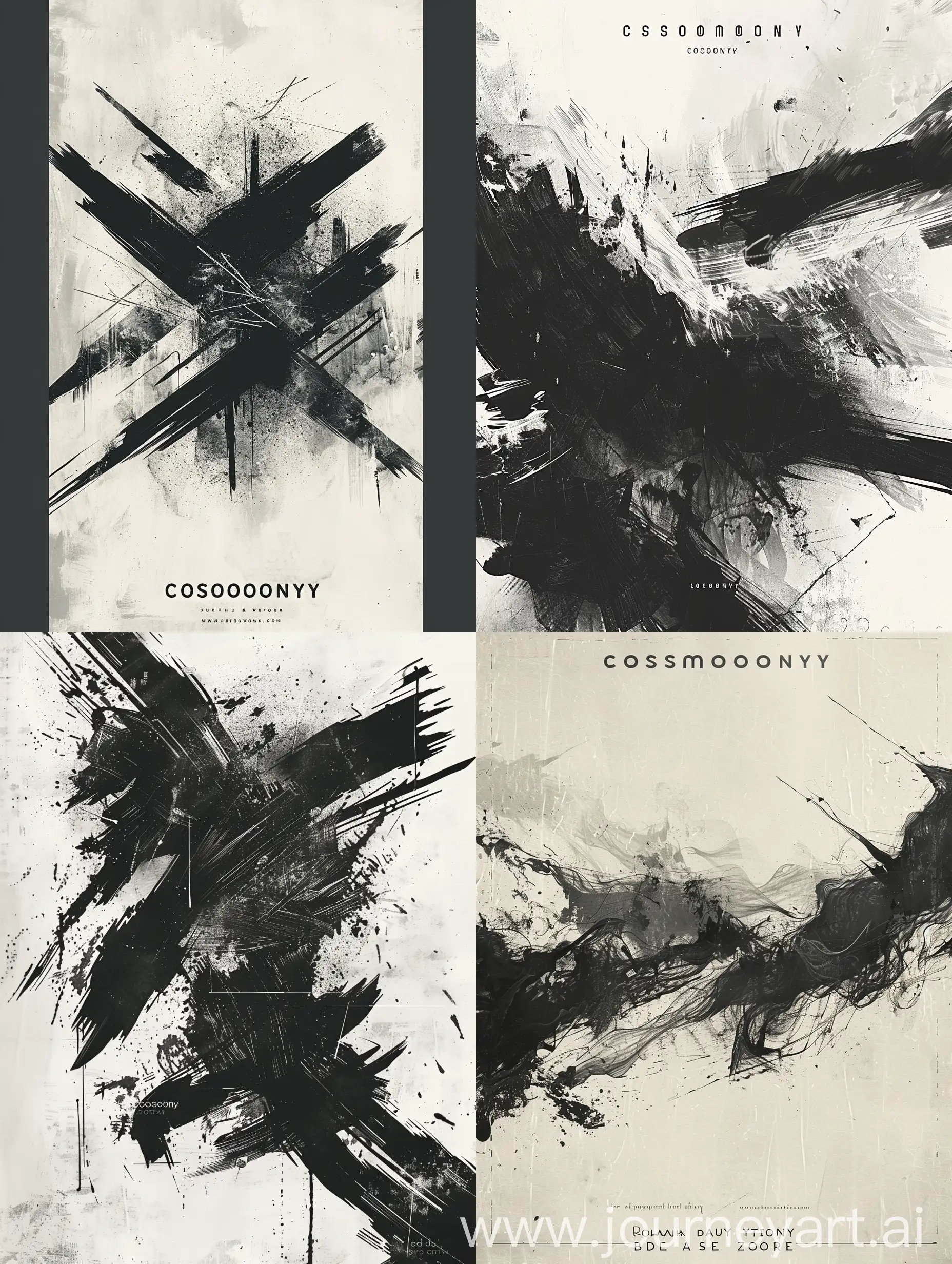 Book Cover Design 'Cosmogony' -  a startlingly bold abstract design, a few broad strokes in black ink illustrating the awe and dread of the world; with  modern fonts for contrast