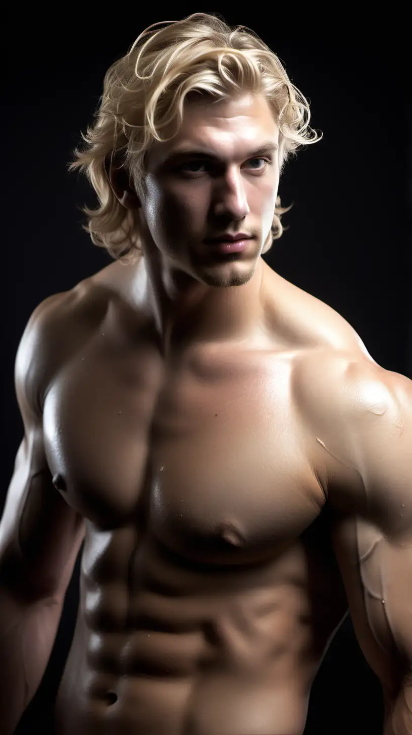 Prompt blond male Greek wet god mythical body Prompt /imagine prompt : An ultra-realistic photograph captured with a canon 5d mark III camera, equipped with an 85mm lens at F 1.8 aperture setting, portraying male athlete mythical body. The background is dark with bright white studio light highlighting the subject's body and face. The subject is facing with his back towards the camera, he is looking over his shoulder. The image, shot in high resolution and a 9:16 aspect ratio, captures the subject’s natural beauty and sexuality with stunning realism Soft spot light gracefully illuminates the subject’s body, highlighting the body, casting a dreamlike glow. make it really realistic and detailed --ar 9:16 --v 6 --style raw ((ultra-detailed))