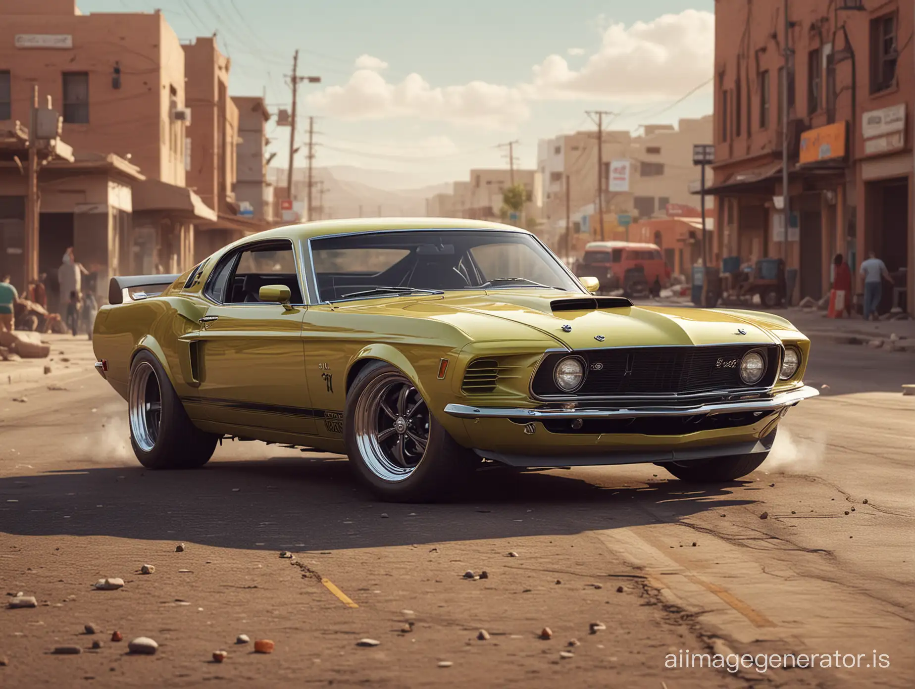 Beautiful Heavilyy modified Khyzyl Saleem 1970 Ford Mustang, by day. Realistic photograph