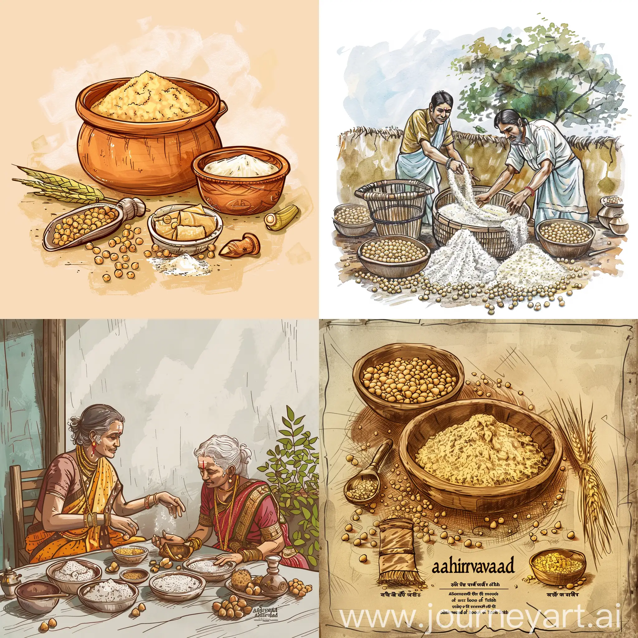 A beautifully drawn (((midjourney))) that focuses on the essence of Attha (a type of Indian flour made from ground chickpeas) and its inherent health attributes. Advanced tokens below the image elaborate on its sweet after taste and many health benefits of Attha. Also include the trust factor people have with aashirvaad brand