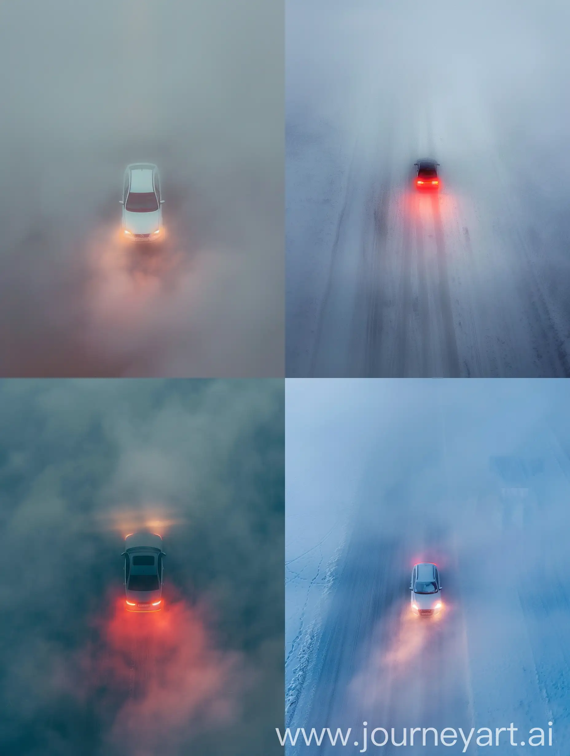Photography From Above: One Car in Fog, Only the lights of the car reflect in the fog, Alena Aenami Illustration Style, Minimalism, Low Light, Cold theme --ar 3:4