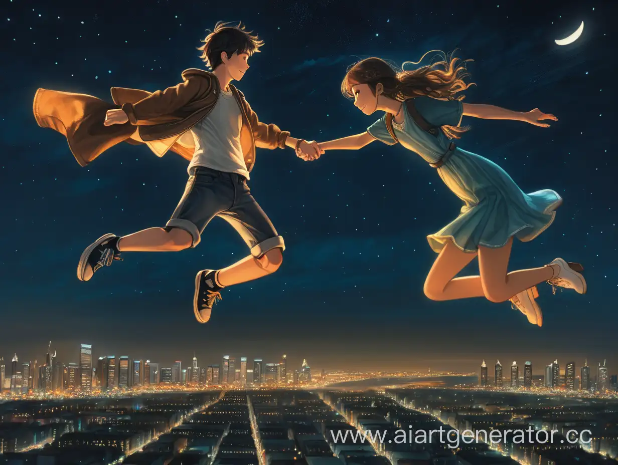 One young man and one young woman fly through the air at night over the city, holding hands.
