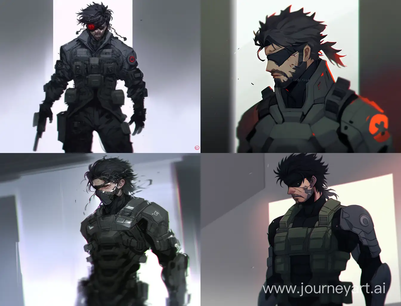 concept art, man with black hair, metal gear solid, scar on face, sci fi uniform, half mask on face, standing 