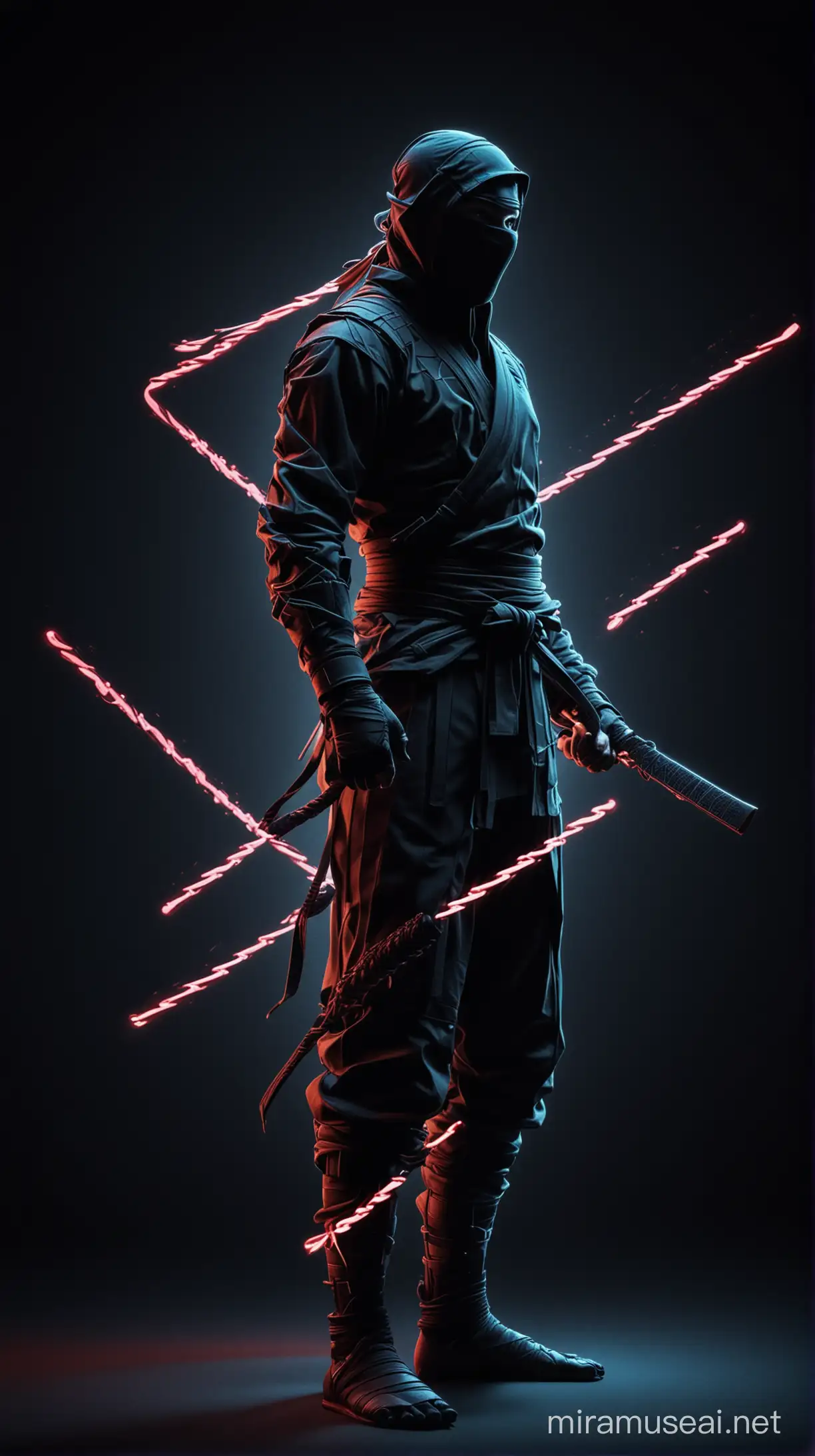 An abstract composition of neon lines and shapes on a dark background, forming the subtle outline of a ninja in a meditative pose. The design plays with light and shadow, creating a sense of mystery and inner strength.