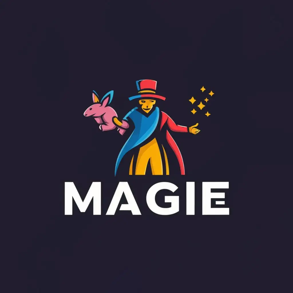 a logo design,with the text "Ma Gie", main symbol:Mysterious man in magicians cape and tophat. Conjuring a rabbit from a hat. Hattrick.,Moderate,be used in Sports Fitness industry,clear background
