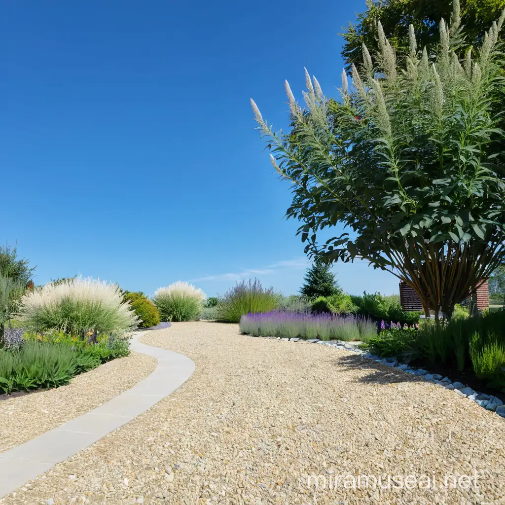 dwarf shrubs on the right, perennials under the tree.Salvia amistad and miscanthus on the left,gravel on the path
