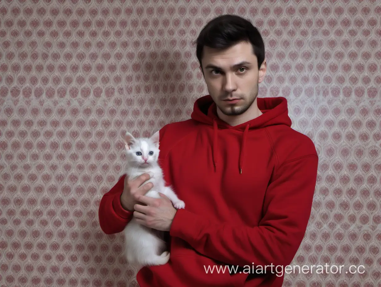Русский темноволосый парень 30 лет. В красной  толстовке  с  белым котиком  из игры STRAY. Стоит на фоне  стены, которая поклеена обычным  обоями без рисунка 