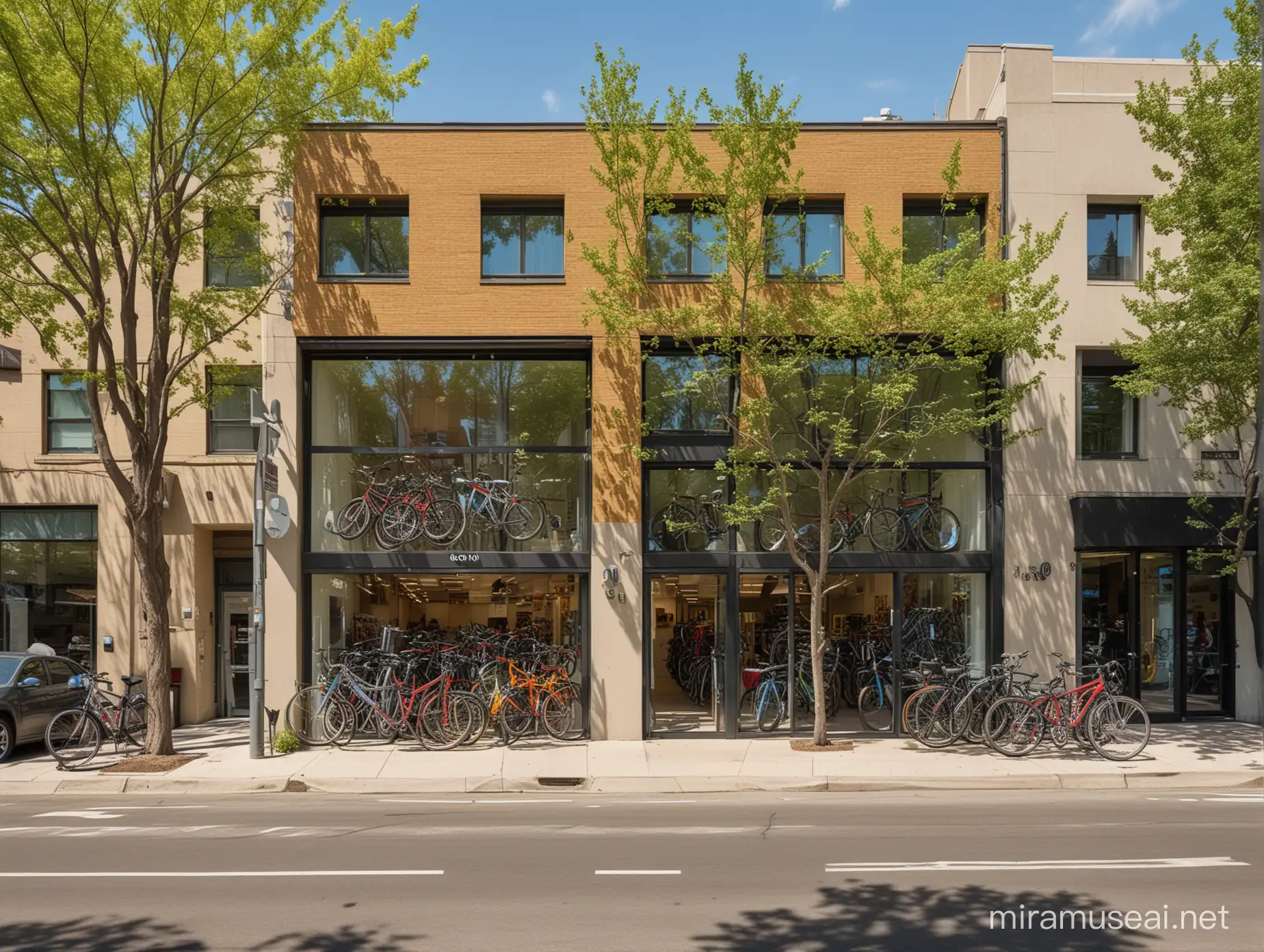 16k, high detail, bright spring sunny colors, professional photo, two-story bike store next to a city thoroughfare, located in a small oasis of trees between high-rise buildings