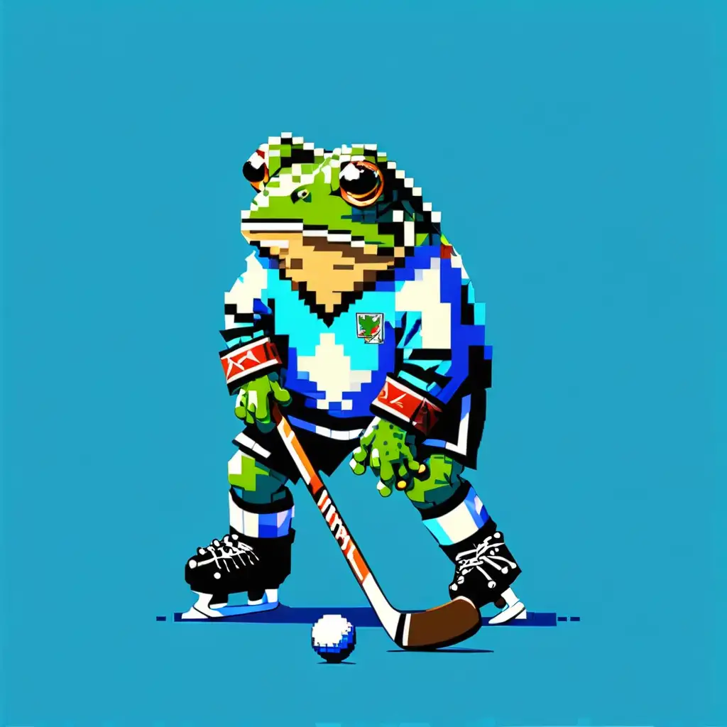 Pixel Small Frog Hockey Player Playful Amphibian Skating on a Blue Rink