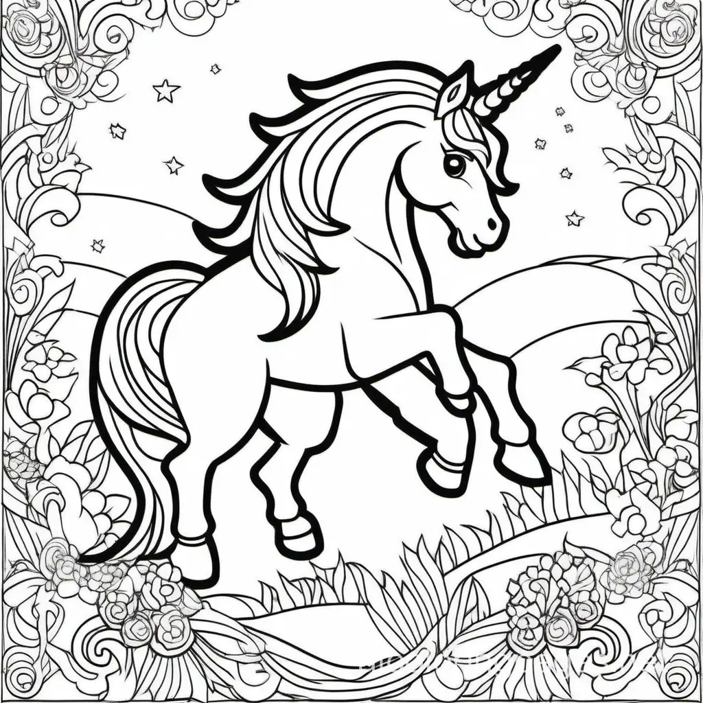 unicorn, Coloring Page, black and white, line art, white background, Simplicity, Ample White Space. The background of the coloring page is plain white to make it easy for young children to color within the lines. The outlines of all the subjects are easy to distinguish, making it simple for kids to color without too much difficulty