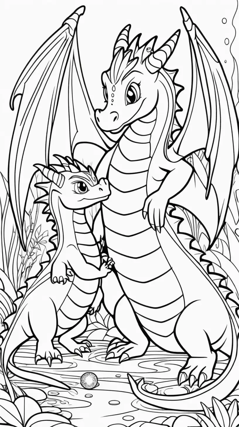 MOMMY DRAGON SHOWING ONE BABY DRAGON A SPARKLING MAGICAL STREAM COLORING PAGE