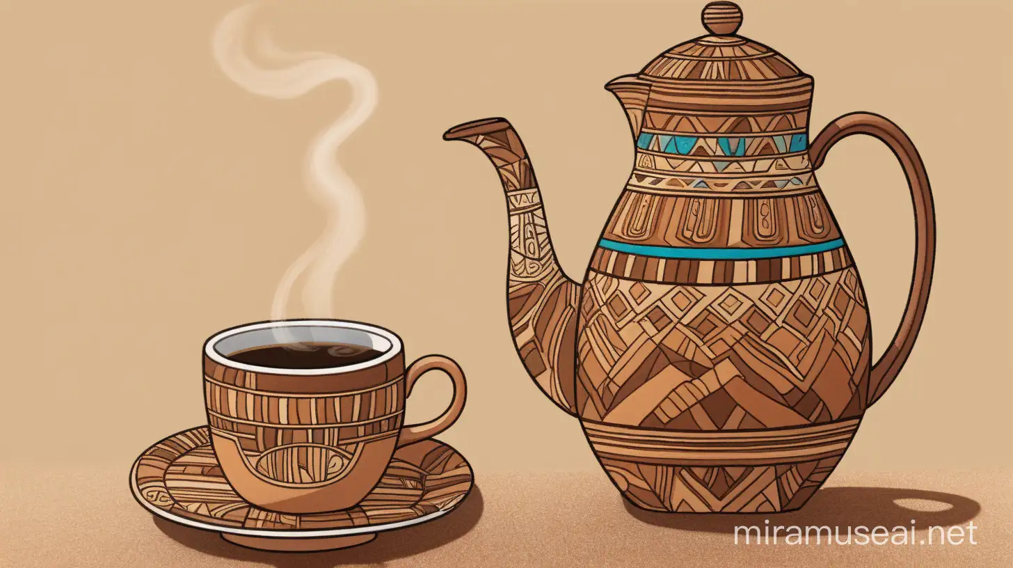 draw a Moebius & Takashi Muramkai inspired illustration of an Ethiopian Coffee jug/ Jebena mandela. vibrant earth tones. 4k. 