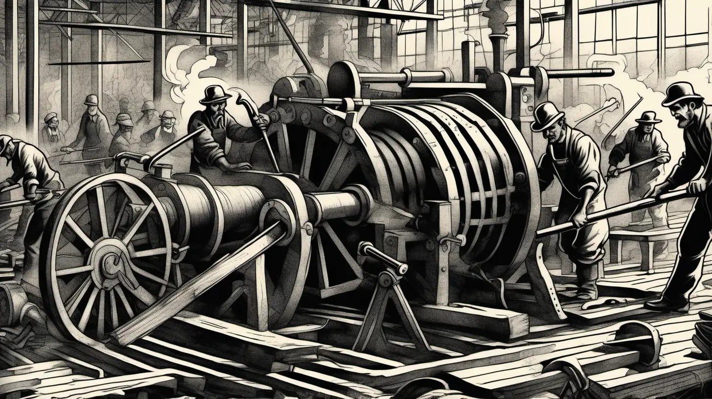 In the style of a black and white illustration for an old book, a closeup sketch drawn with ink: armed with hammers and pickaxes, three unemployed workers are smashing and breaking down steam-powered looms during the industrial revolution at the beginning of the 20th century. The close-up. Broken parts of the industrial machiens. Angry fases