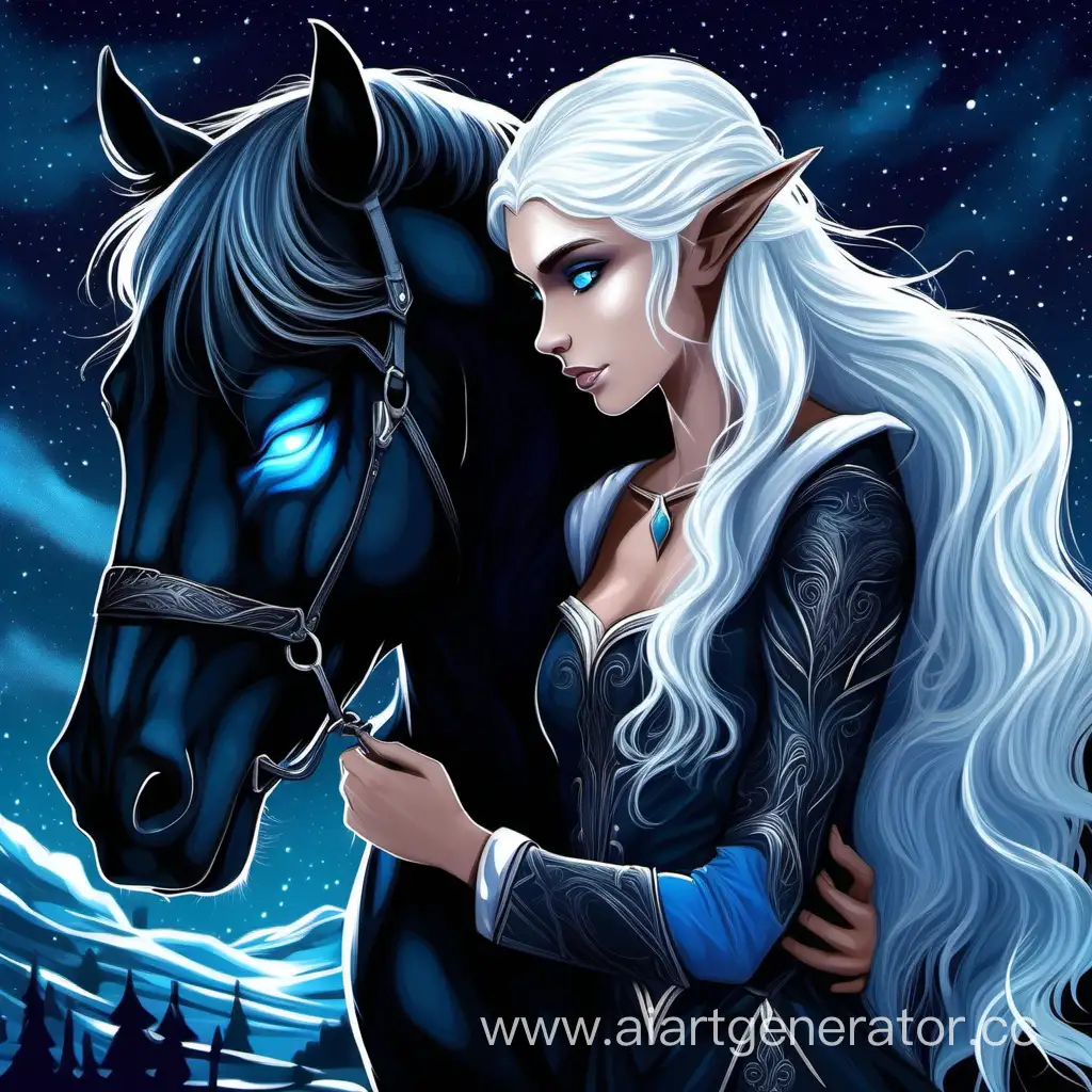 Черный жеребец с голубыми глазами и чёрной гривой стоит в объятиях  девушки эльфа с белыми волосами на фоне ночи, , фентези, реалистично
