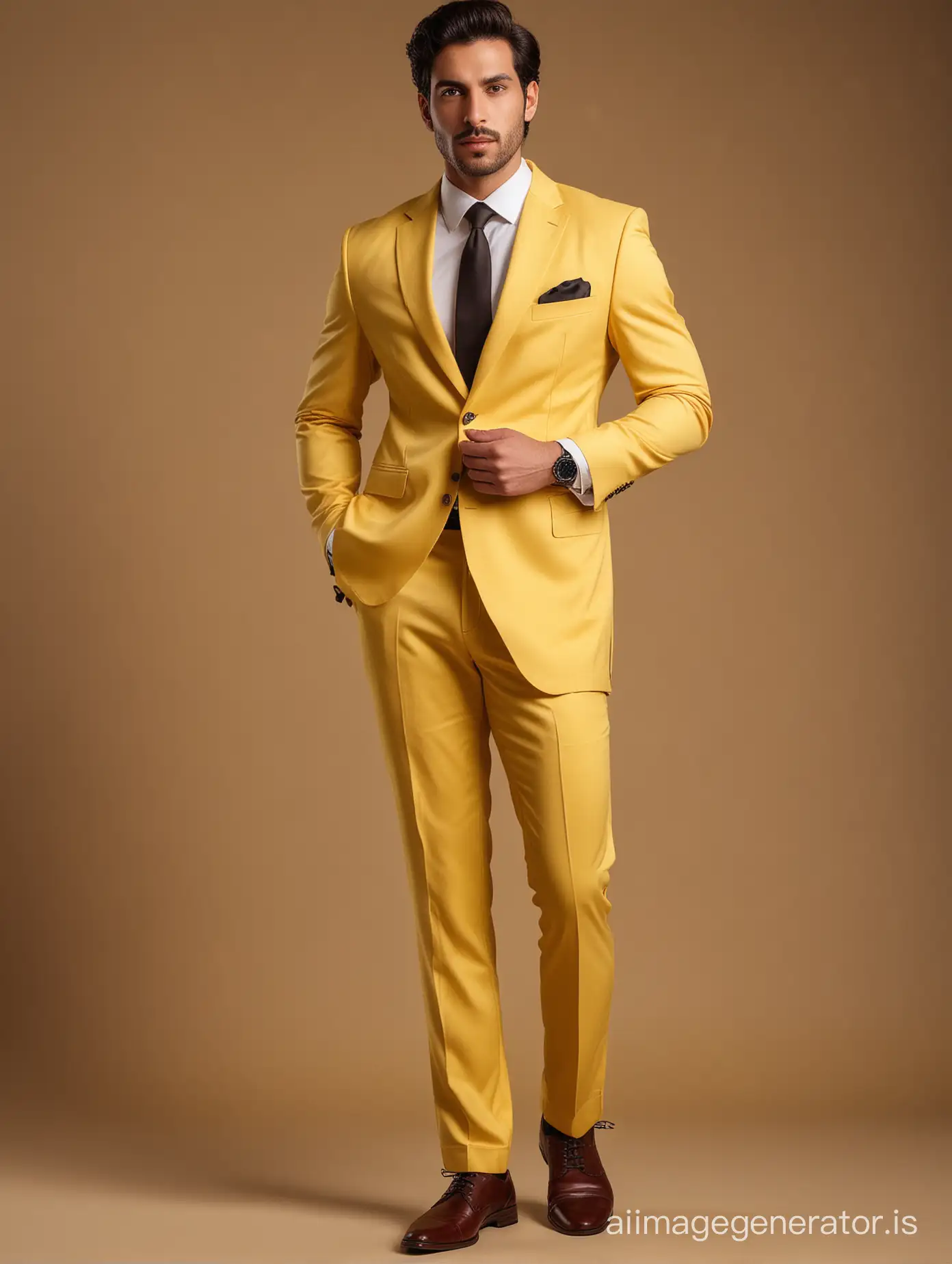 Stylish-Iranian-Man-in-Dramatic-Yellow-Suit-and-Black-Shirt-on-Fantasy-Background