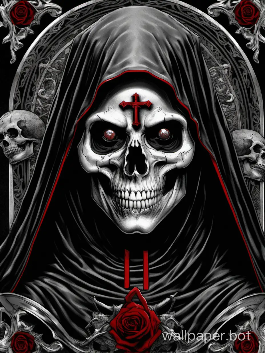 skull nun,  crazy skull , asymmetrical, Tiziano Vecellio  poster, hyperdetailed, black, gray, red