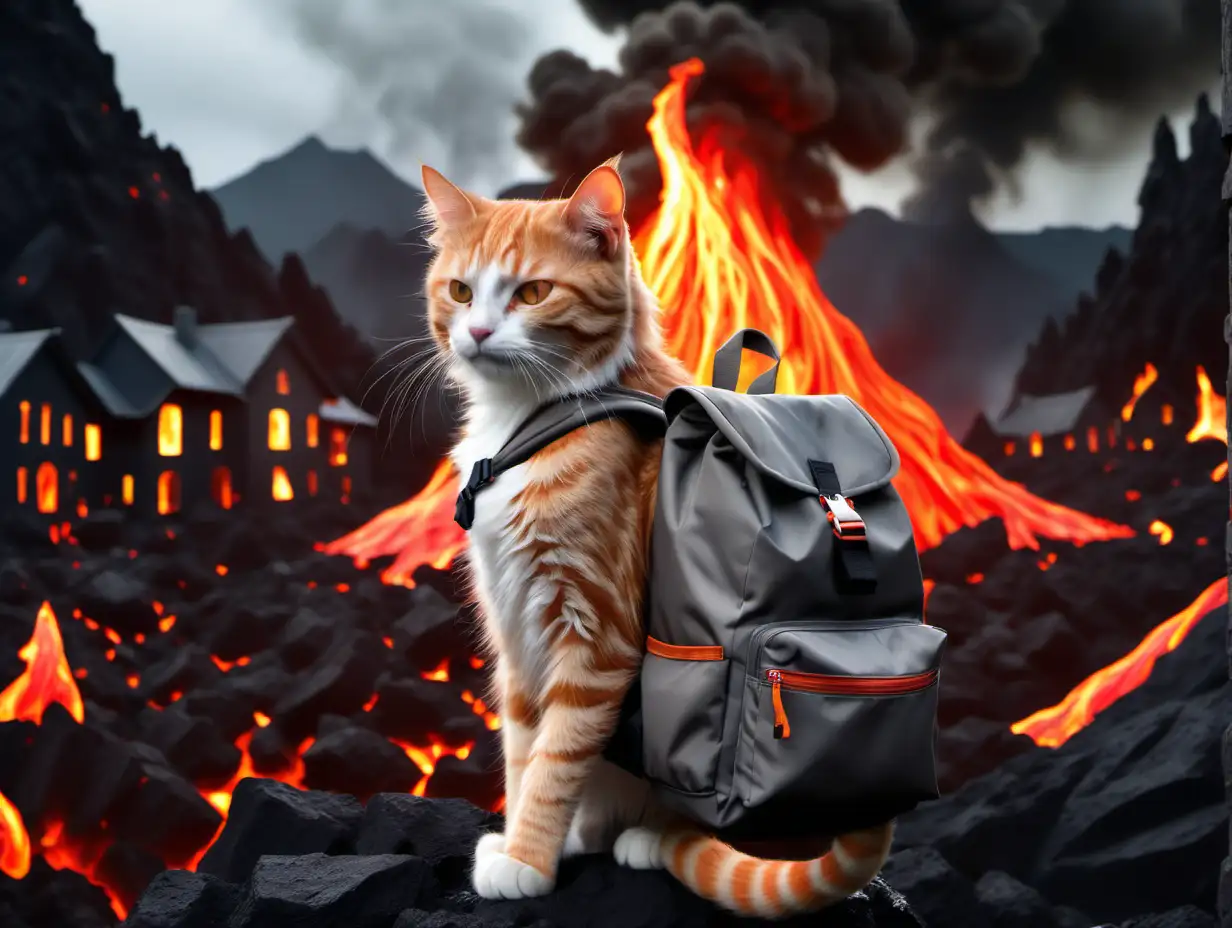 chat roux avec sac a dos gris dans un royaume avec lave et feu avec des maisons sous l'emprise des ténèbres
