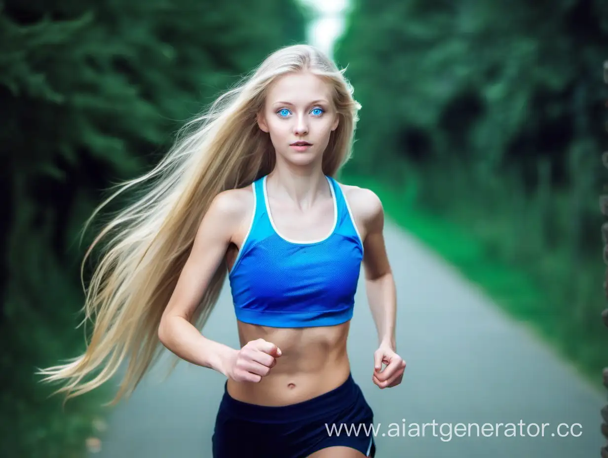 красивая девушка блондинка с длинными волосами и голубыми глазами худенькая собирается на пробежку