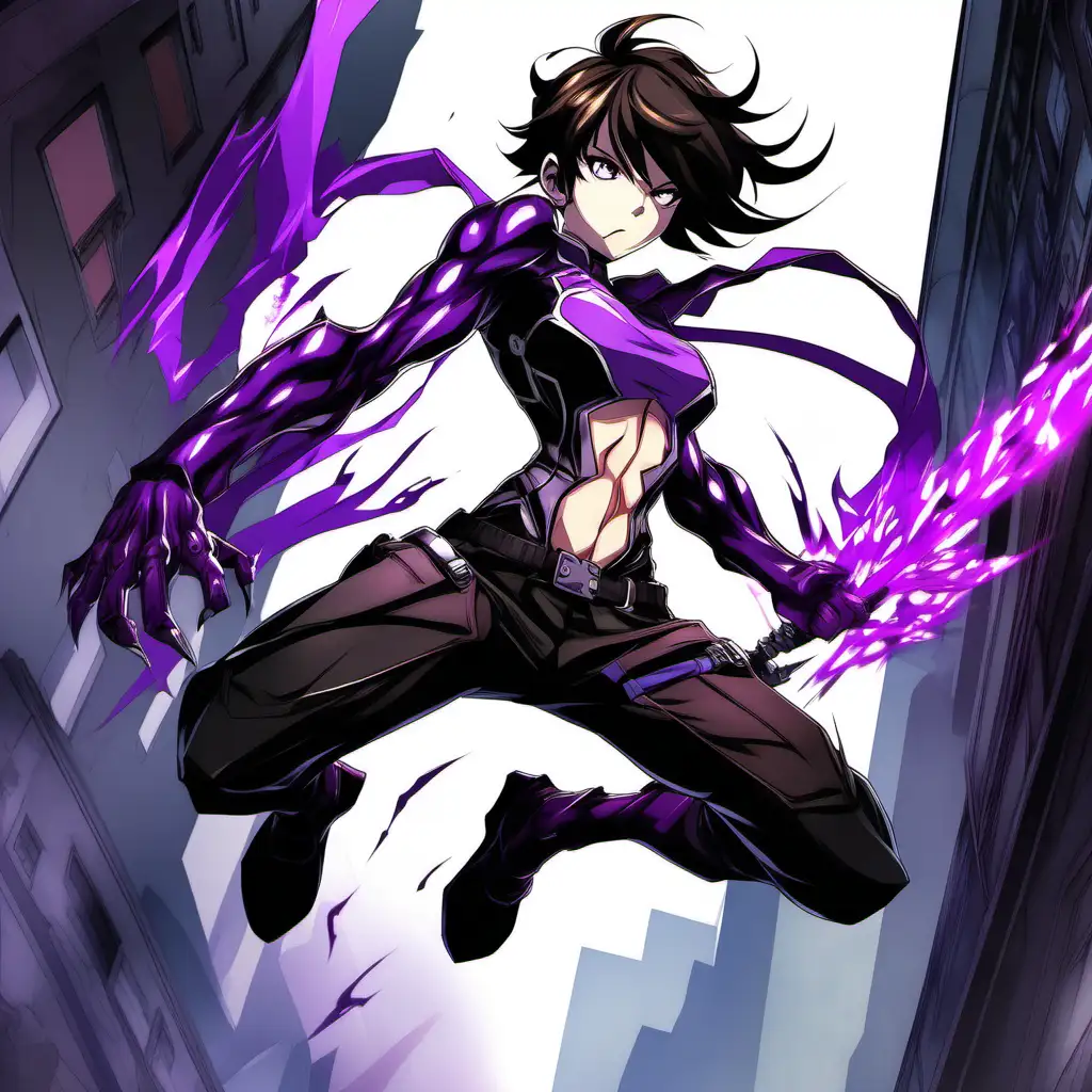﻿
anime woman, tall, buff, muscles, demon, mischievous expression, intimidating, intense, tomboy, short hair, full body, dynamic pose, shadow aura, purple theme, battle armored, overhead strike, leaping attack, view from below, claw attack, reaching forward