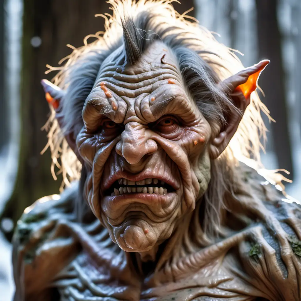 Closeup Portrait of an elderly troll with detailed facial features, drooling, lifelike cracked wet skin textures, natural light, realistic style, orange snow forest background