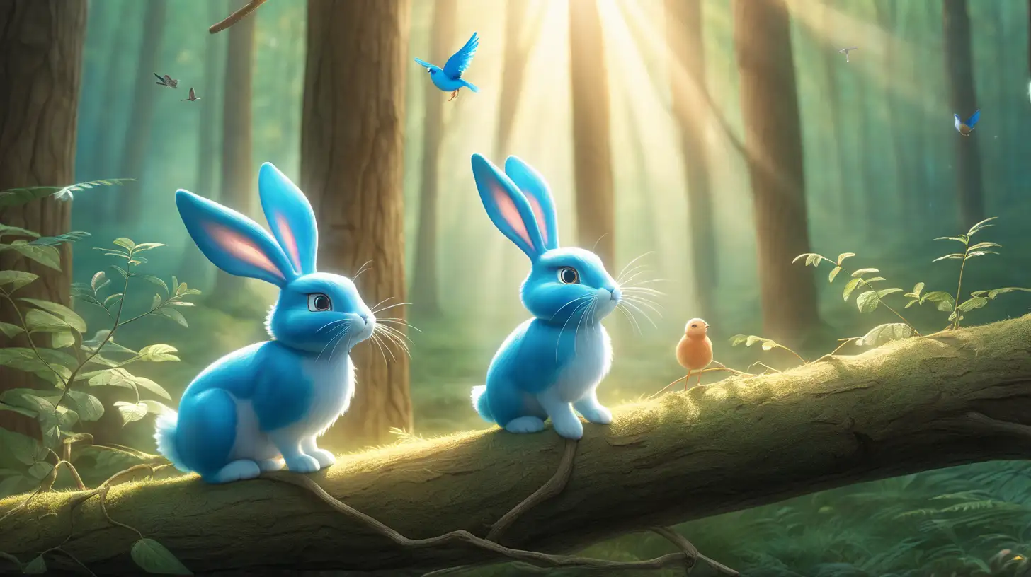 a scene in a forest, light beams from above, a cute bunny, a blue bird on a branch, dramatic light.