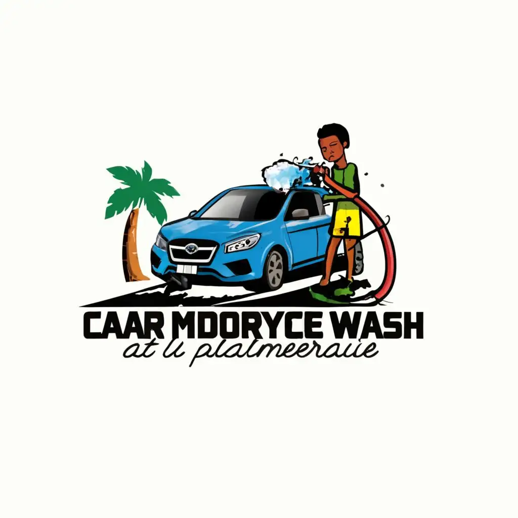 logo, African boy washing car with Kracher machine, with the text "car and motorcycle wash at la palmeraie", typography