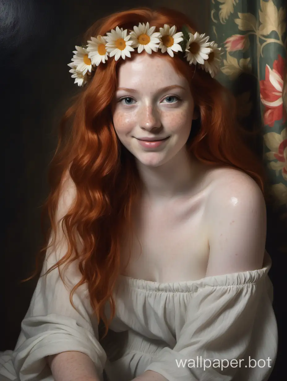 painting of a beautiful 22 year old redhead woman, she is pretty, she has grey eyes, she has pale skin, she has lots of freckles, she has long light red hair that is wavy and parted in the middle and falls in curtains, she is wearing a flower crown, she has a beautiful innocent face, smiling, beaming, very cute, perfect, she is looking up at the viewer, sense of wonder, lounging in a Roman bathhouse, Velazquez painting style