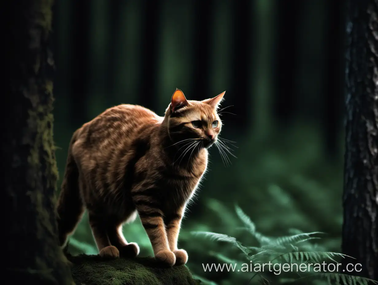 коричневый кот,  смотрит вправо, повёрнут влево, в темном лесу,