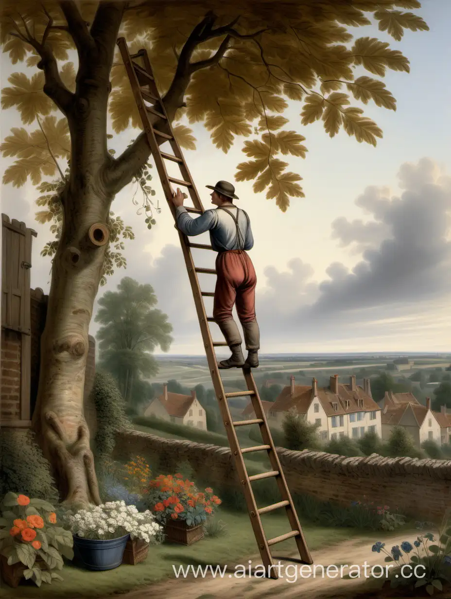 Nineteenth-Century-French-Gardener-Climbing-a-Portable-Ladder-Near-a-Tree