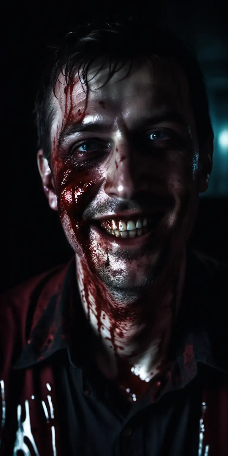 Subject: a man, manically smiling, covered with blood, staring directly at us 

Style: cinematic lighting, dark, unnerving, moody, sinister, hyper realistic 
