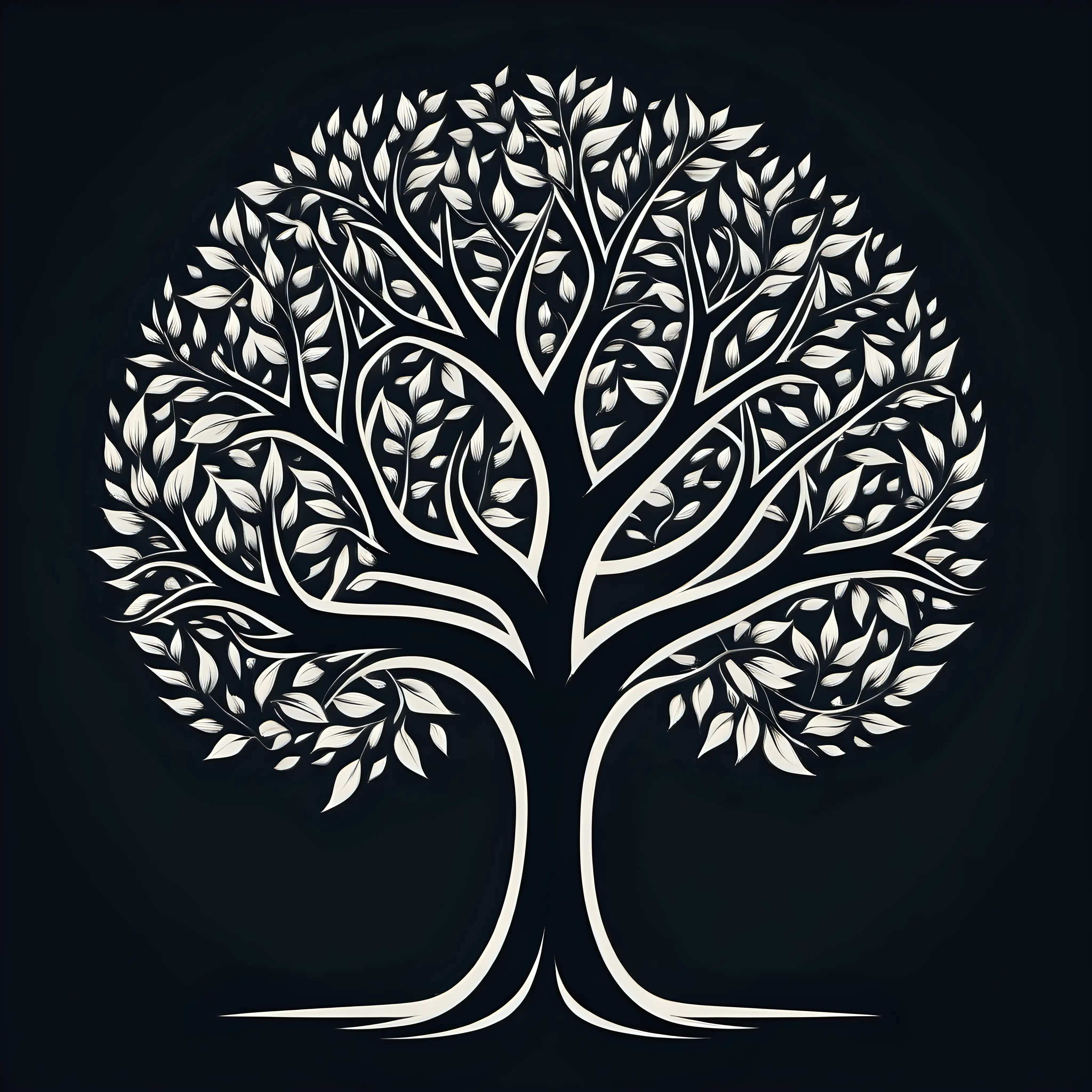 black graphic tree with leaves. use solid black color for tree with no textures or gradients. 