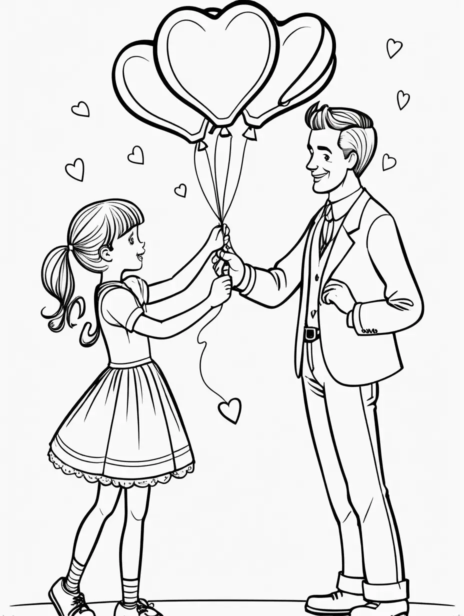 Cute, fairytale, whimsical, cartoon, younger Daddy and daughter playing with heart-shaped balloons at a Valentine's Day party, black and white, thin lines, coloring page, simplistic, aspect ratio 9:11, no shading