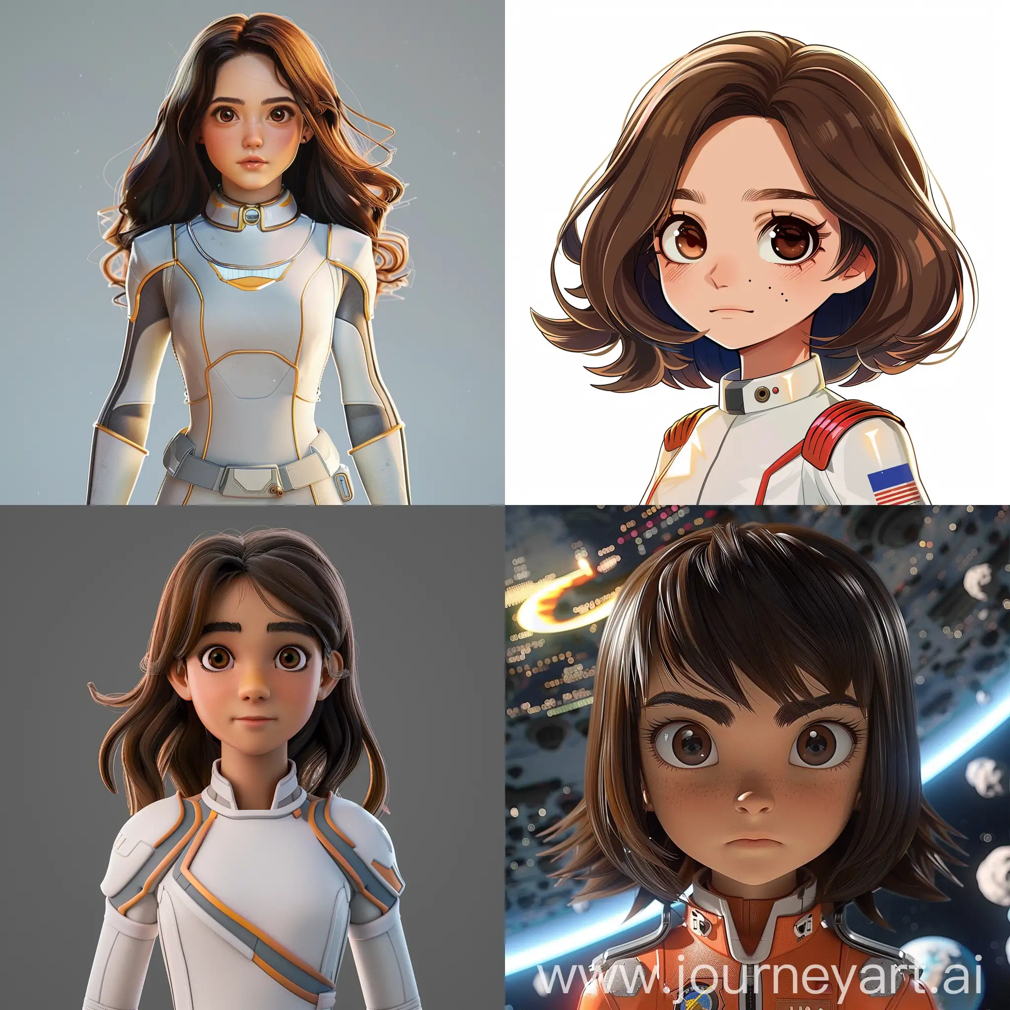 Young girl space ranger with brown hair to the waist and brown eyes