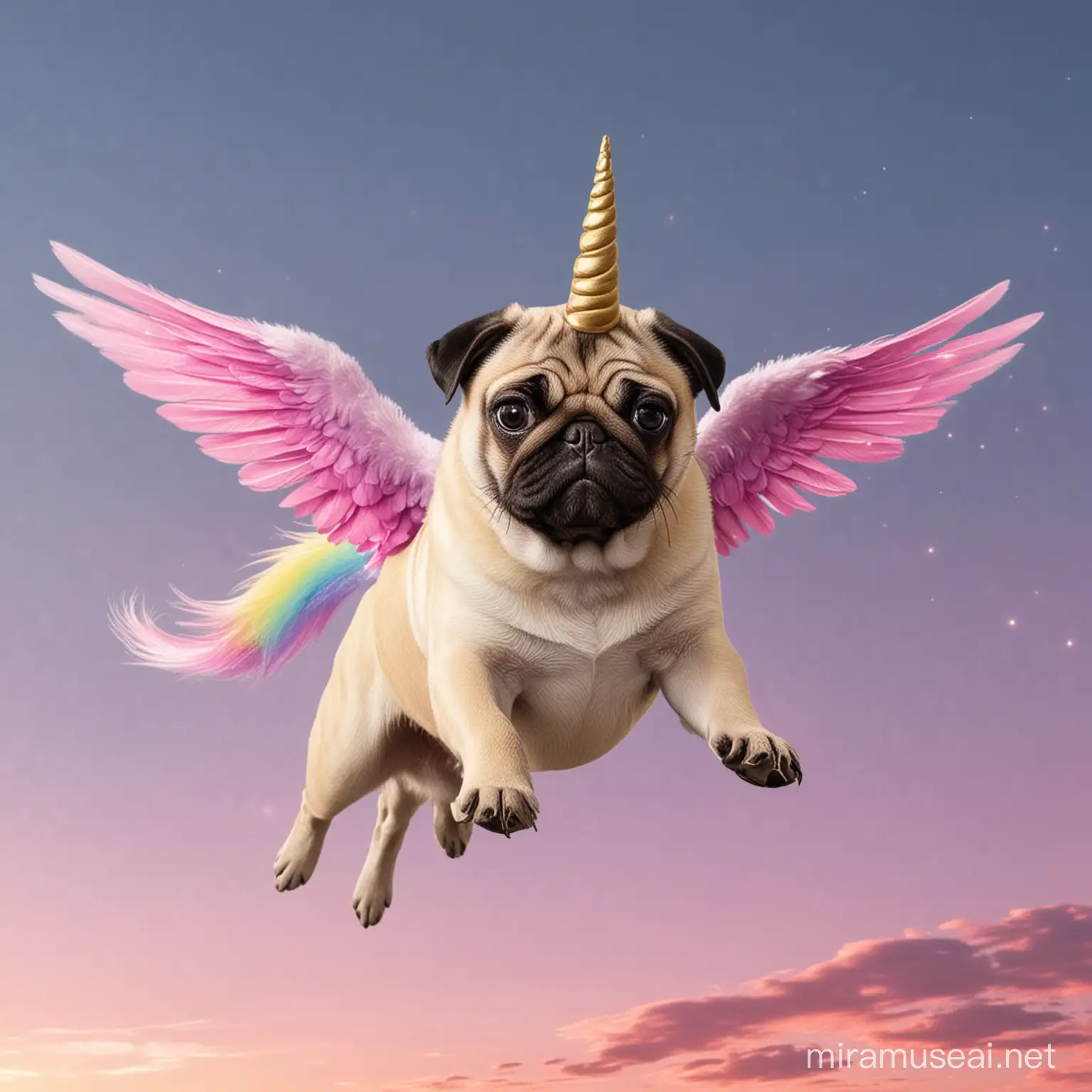 Pug mixed with a unicorn  flying