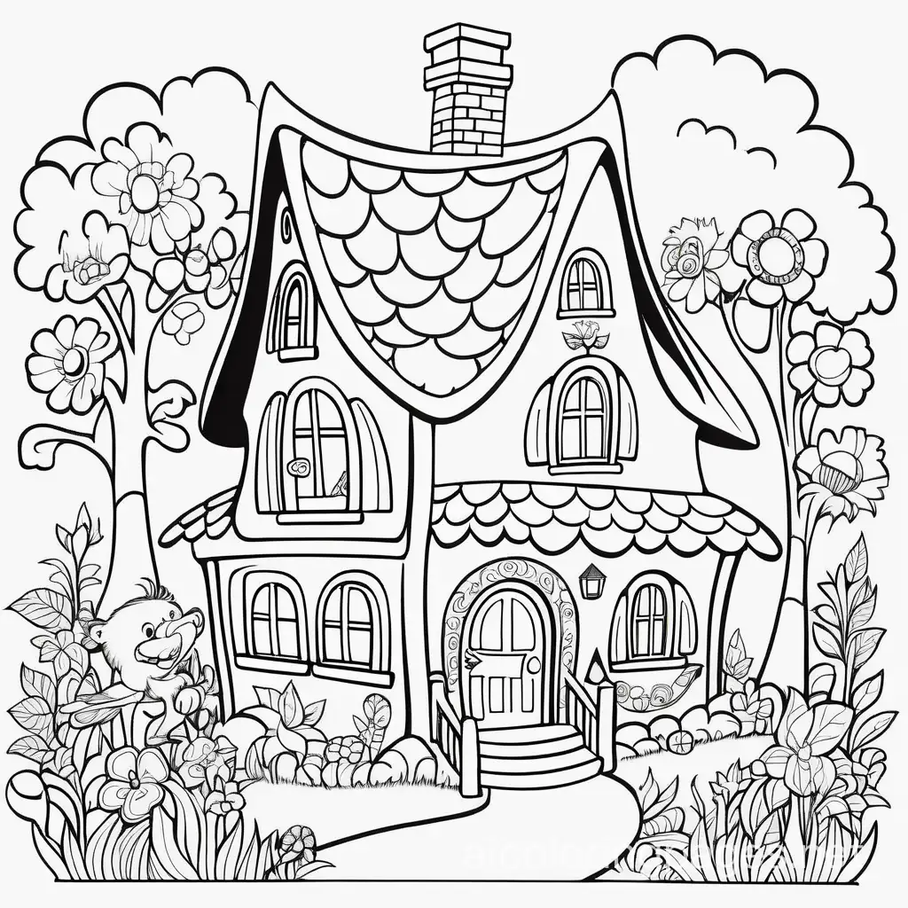 FANTASY  STORY BOOK COTTAGE  CLEAN  LINES NO BLACK FILLING  ,  SWIRLING  FOLK ART STYLE , FULL PICTURE  IN THE PAGE, Coloring Page, black and white, line art, white background, Simplicity, Ample White Space. The background of the coloring page is plain white to make it easy for young children to color within the lines. The outlines of all the subjects are easy to distinguish, making it simple for kids to color without too much difficulty