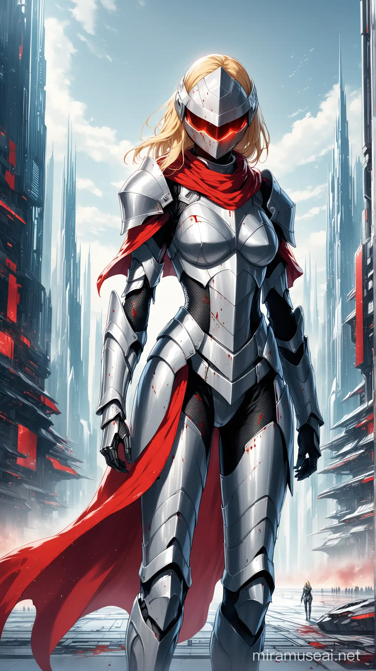 a young woman, blonde hair, wearing silver futuristic knight armour, silver full-face helmet, blood red cape, standing in a futuristic city