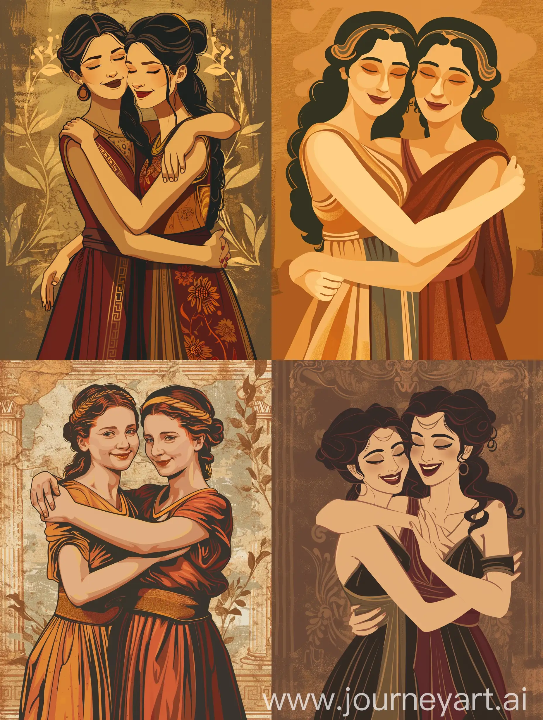 Ancient Greek women sisters, hugging each other and smiling. Warm background. Happy. 8k, 4k, apocalypse style, beautiful sisters, voluminous chest. 