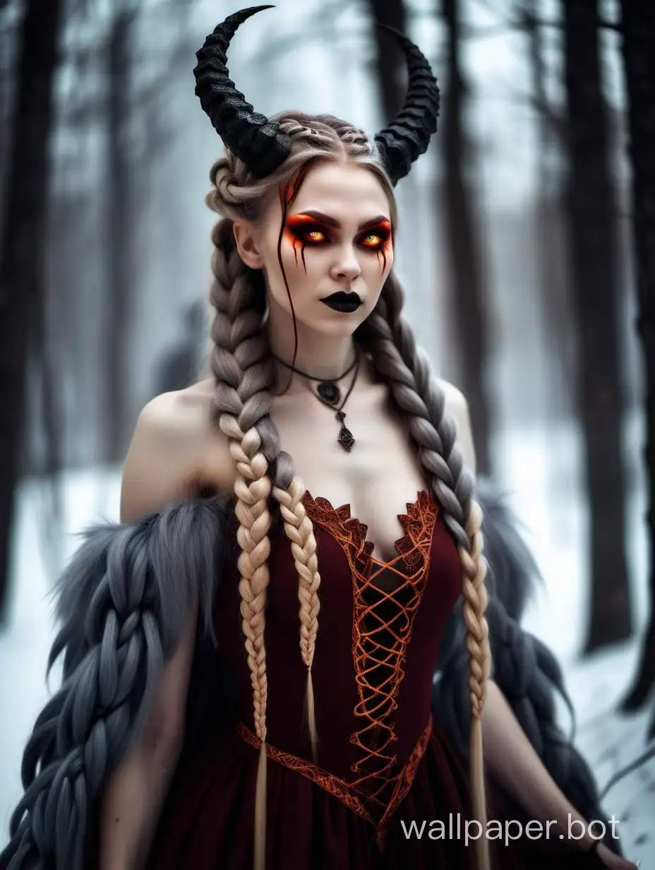Evil Russian woman with long Russian braids vampire werewolf with long horns on the head and wings on the back and goddess of fire and ice transformed into Rapunzel hairstyle Russian braids