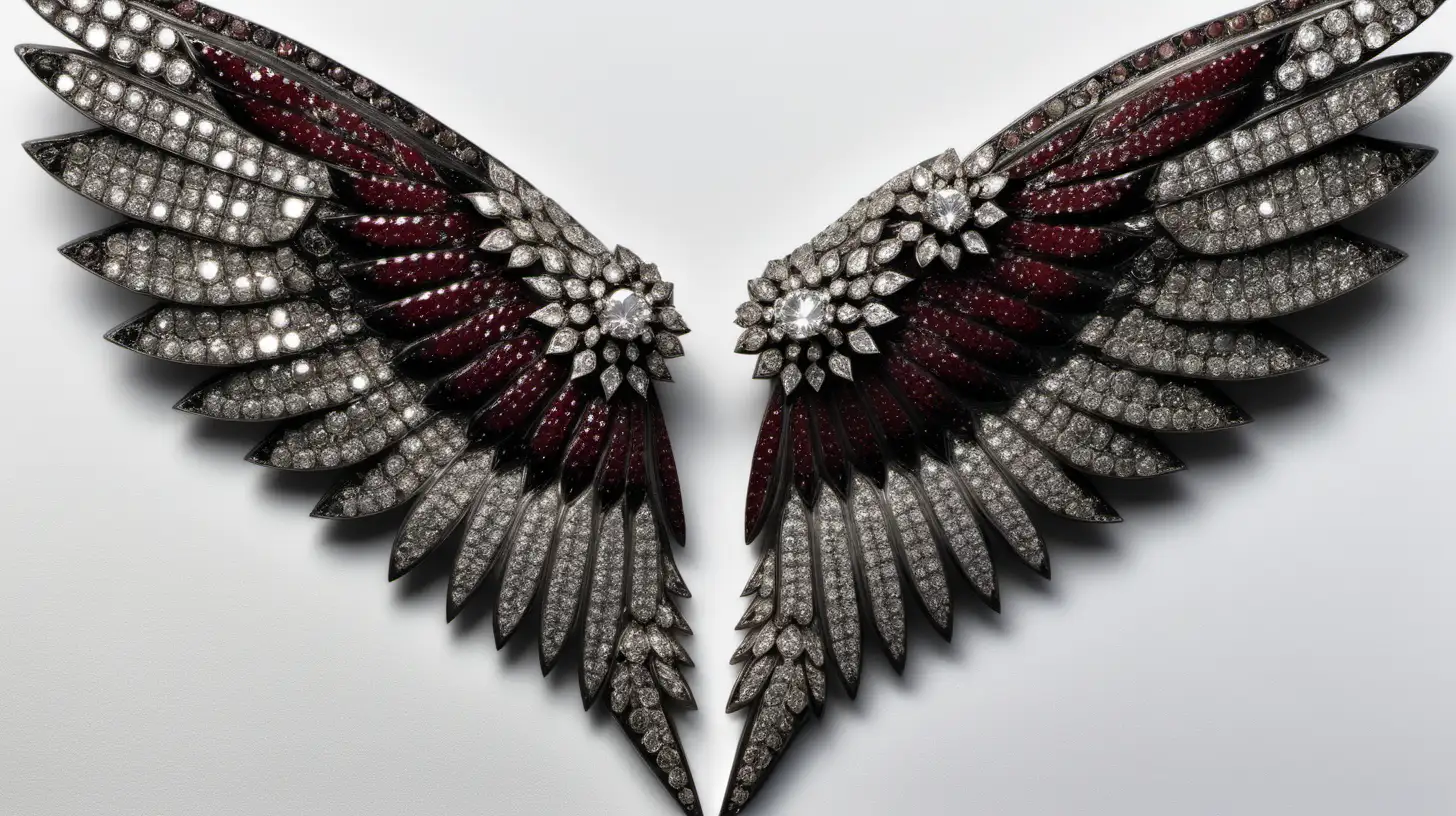 diamond encrusted wings. widespread. fading from black to burgundy. sharp tips.