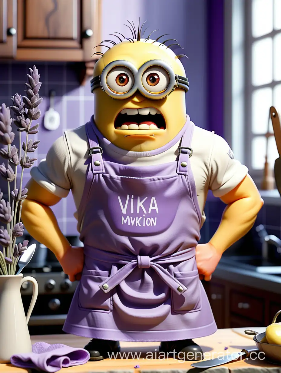 An angry jock minion in a lavender apron with the inscription Vika