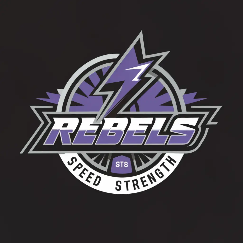 a logo design,with the text "MCC Rebels 
Speed and Strength", main symbol:Fast, Weights, Purple, Black, Gray,Moderate,be used in Sports Fitness industry,clear background