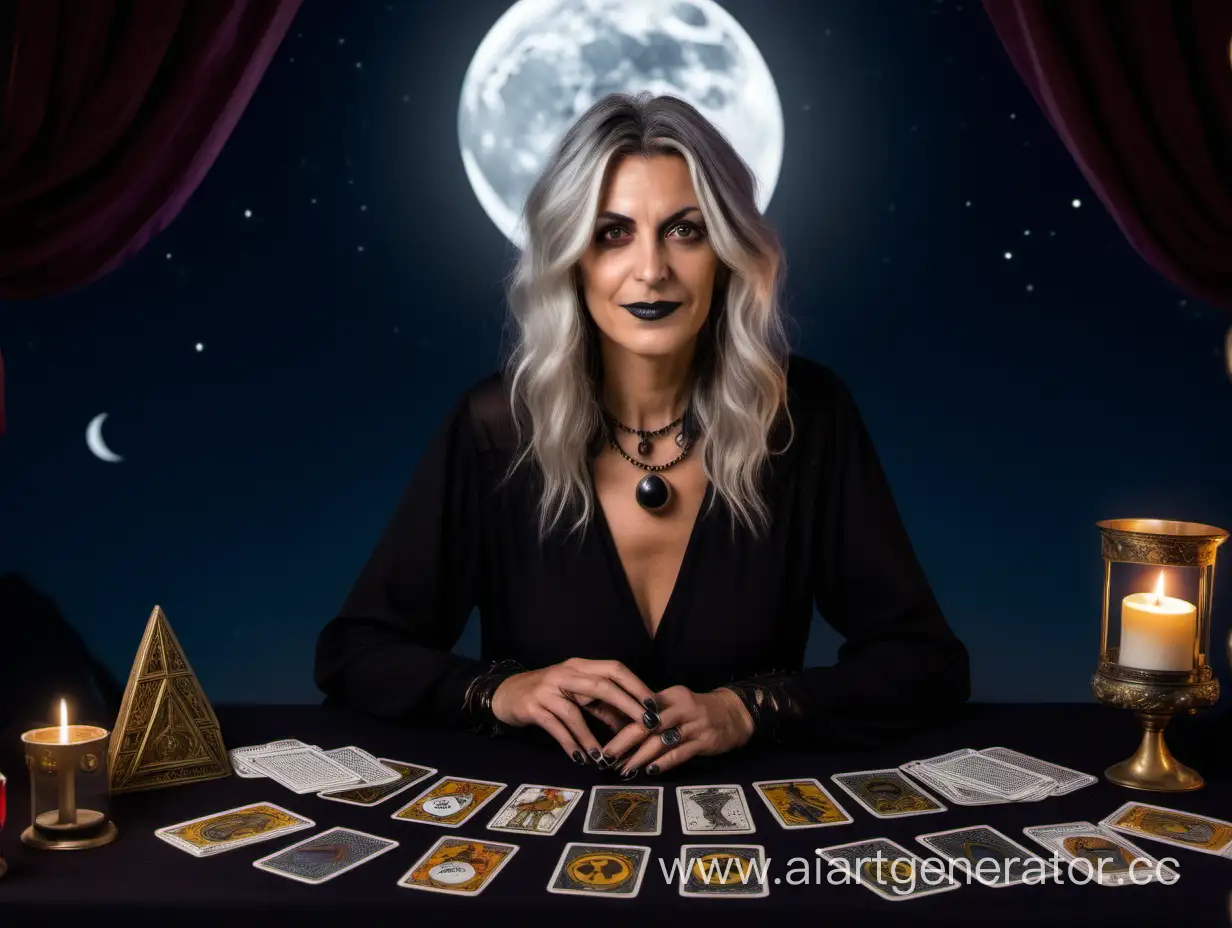 
Giorgia Meloni weared as fortune teller with black moon in the background show tarot cards in front of her
