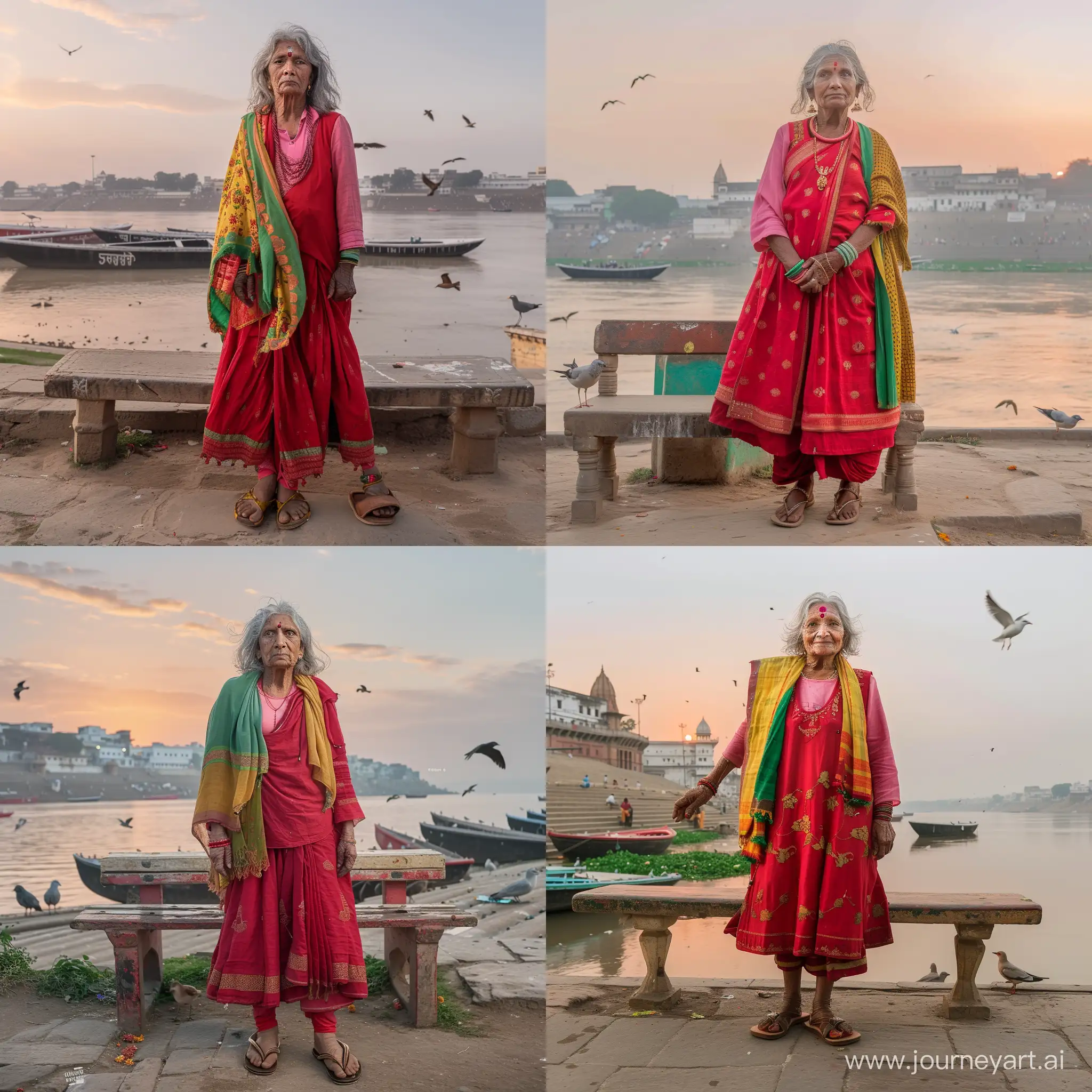 Elderly-Woman-in-Vibrant-Attire-Watching-Sunset-by-Varanasi-River