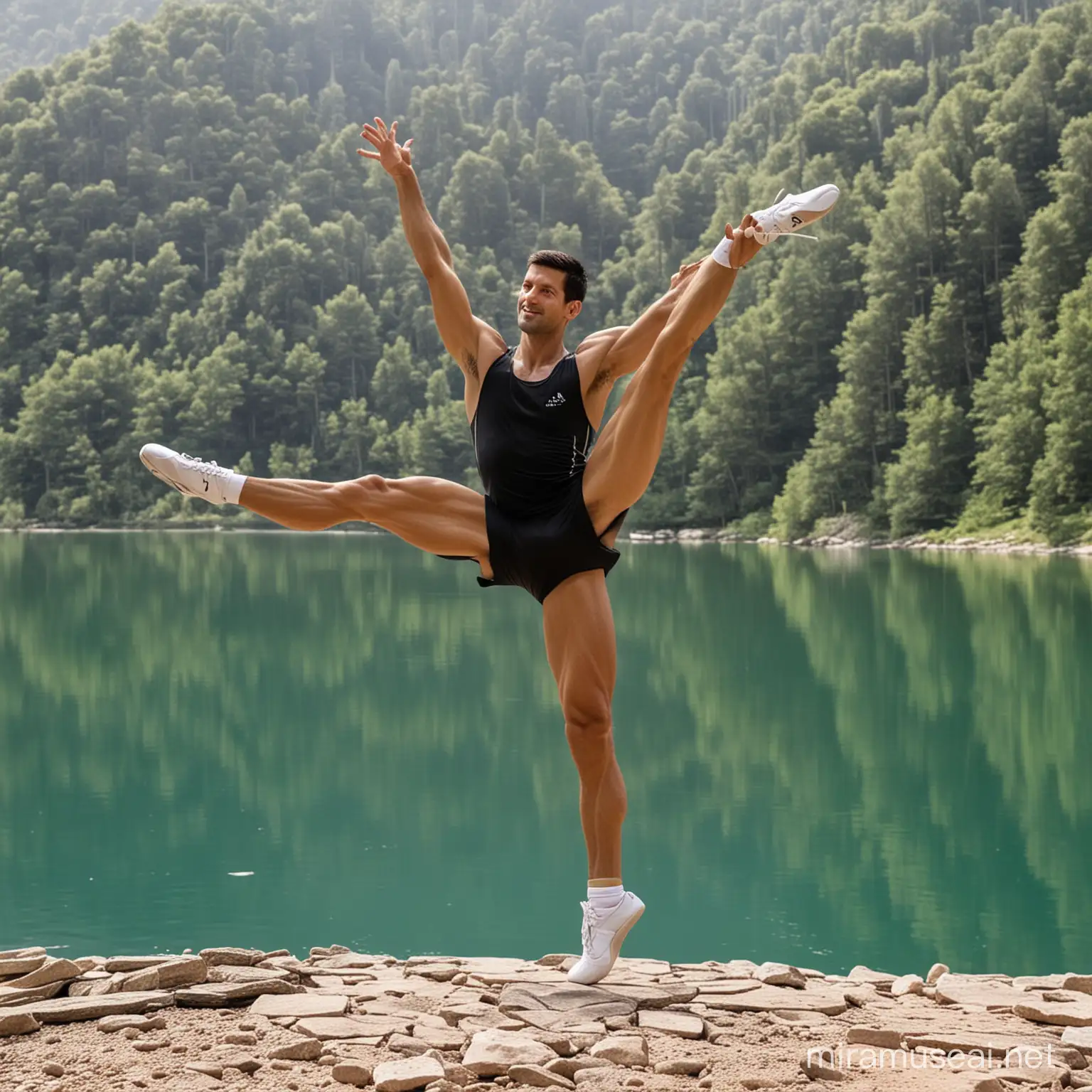 novak djokovic plays ballet next to a beautiful lake