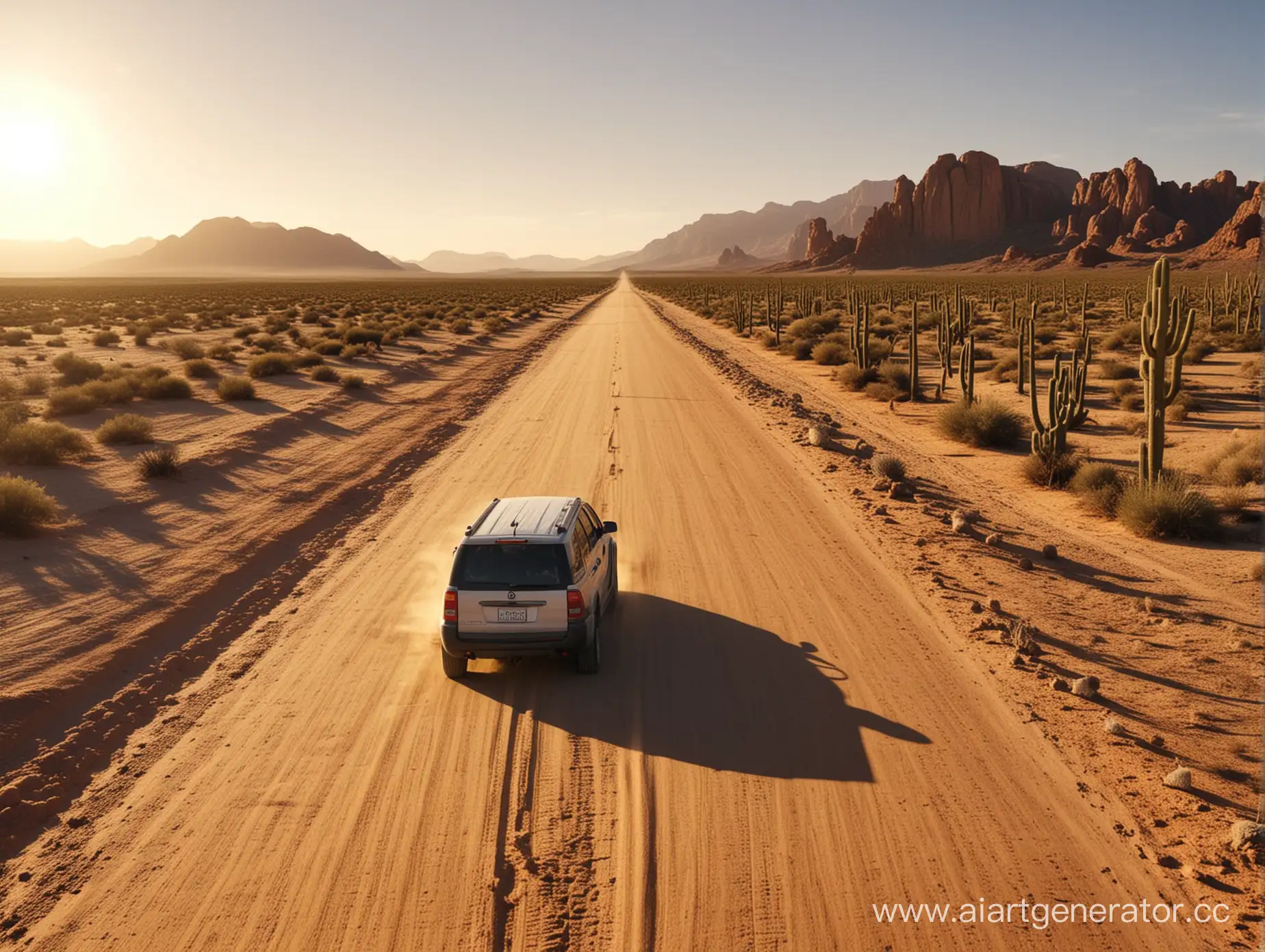 Car in desert long road, sand, cactus, sun, road, long drive, the long drive, full hd