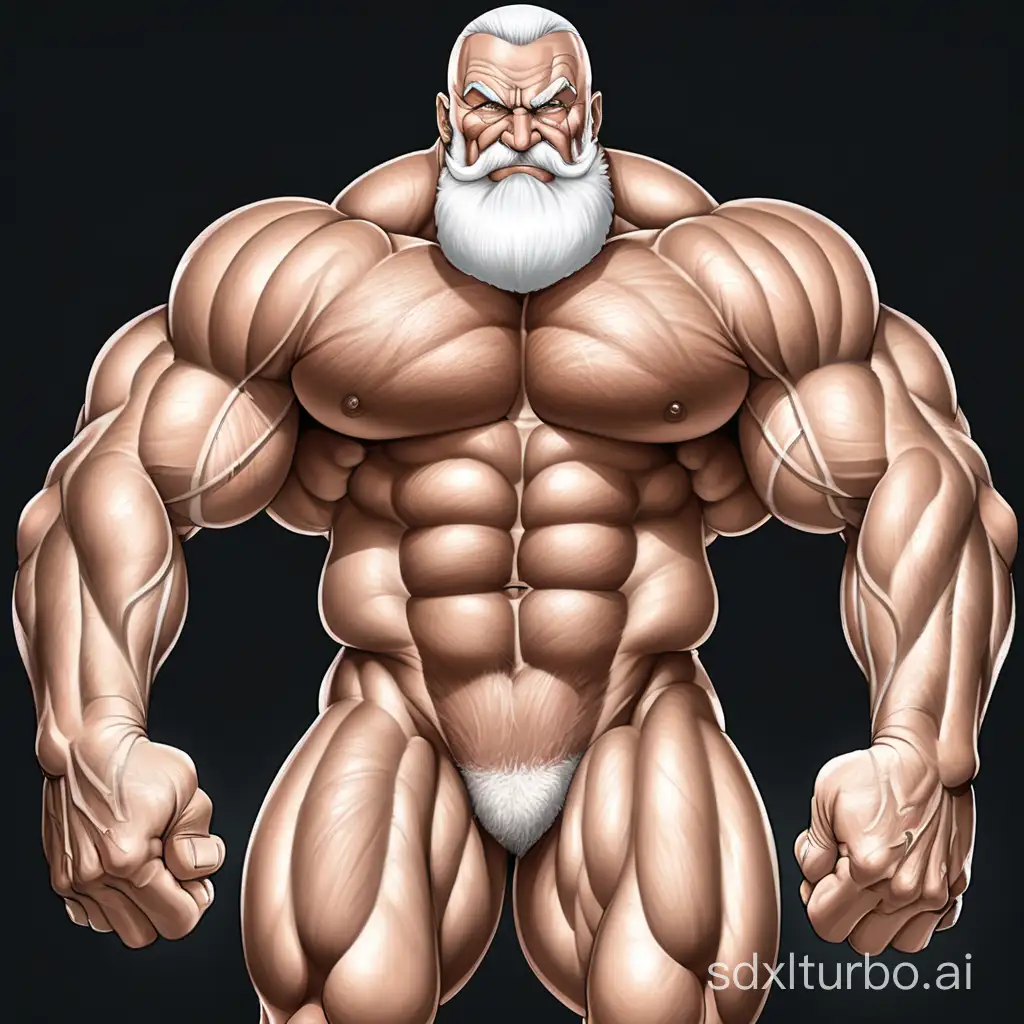 The old bodybuilder with white beard, huge muscles, naked body, muscle expansion, and explosive strength is everywhere.