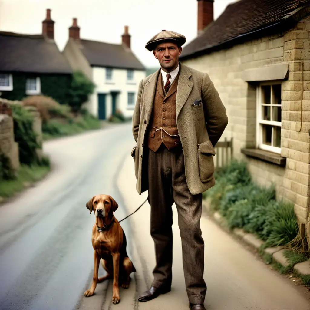 Full Colour Image. 1920s. English country village. Standing on a village street. a man in his late 30s. The local poacher.